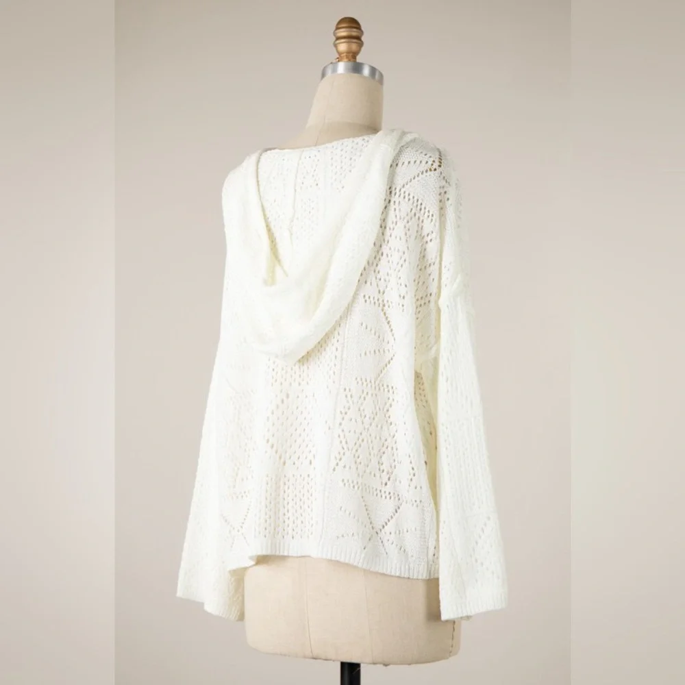 Ivory Crochet Multi Knit Pattern Hoodie With Pocket - Picture 3 of 4